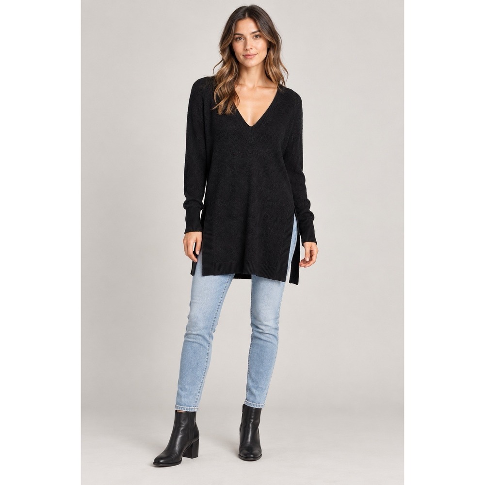 Moth Anthropologie Black Cotton Linen V Neck Tunic Sweater Small Side Slits Boho